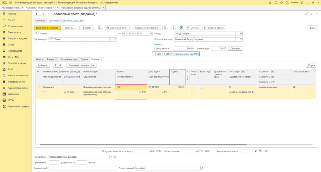 Авансовый отчет у фирмы на ОСН 12