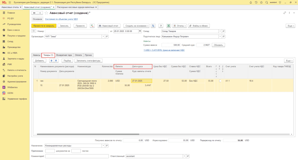 Авансовый отчет у фирмы на ОСН 10