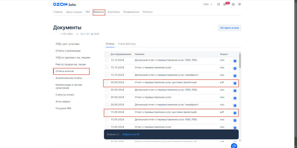 Загрузка продаж Озон по месяцам (договор в BYN) для фирмы на УСН 1